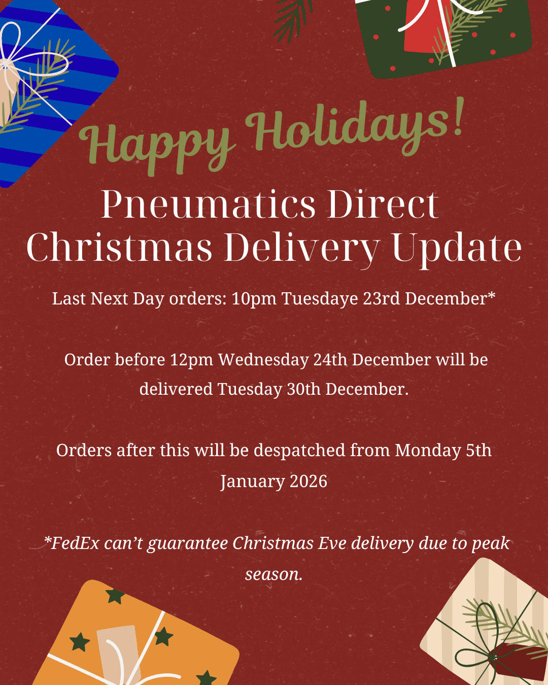 Christmas delivery and opening times for Pneumatics Direct